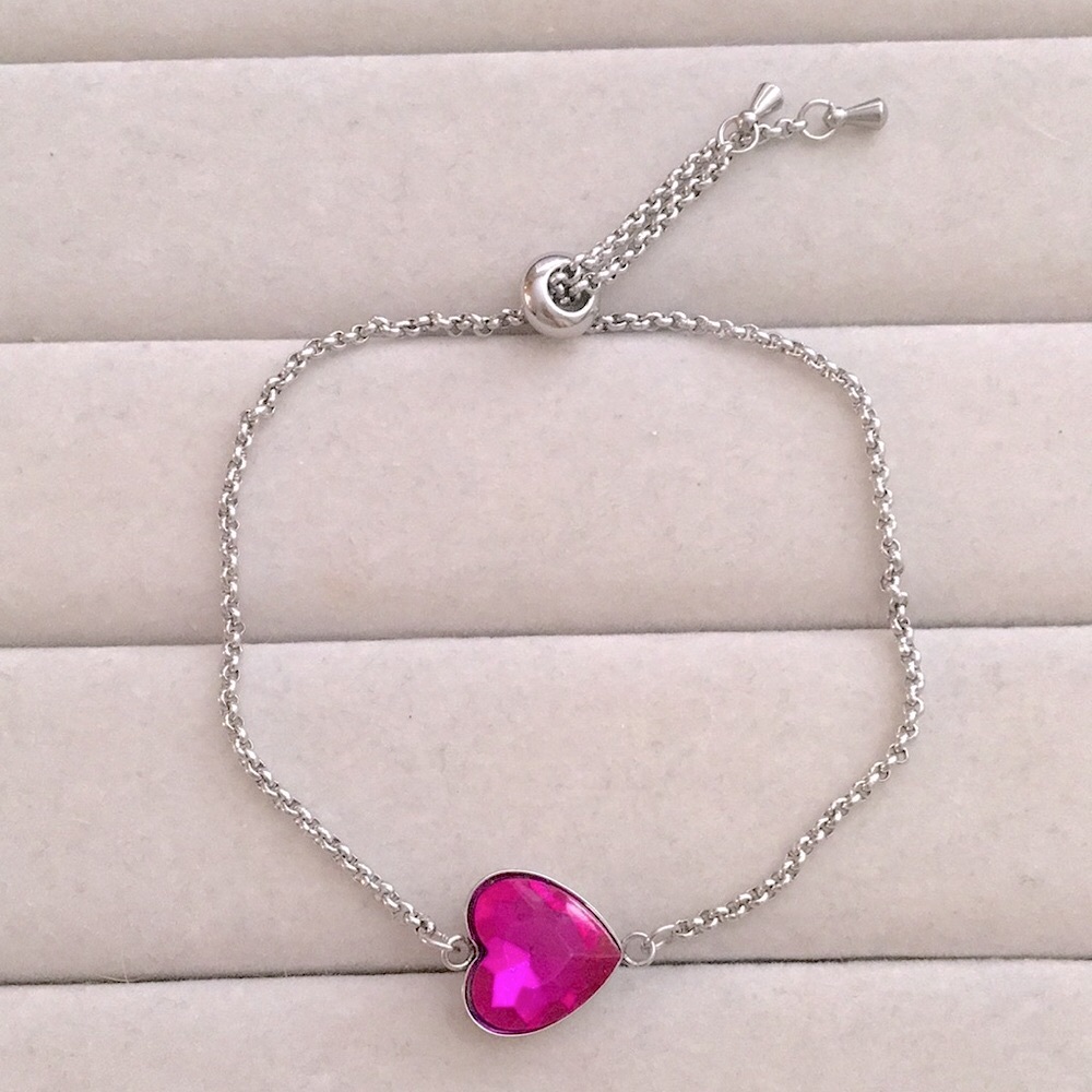 Hot Pink Fuchsia + Stainless Steel Crystal Heart Adjustable Boho Bracelet